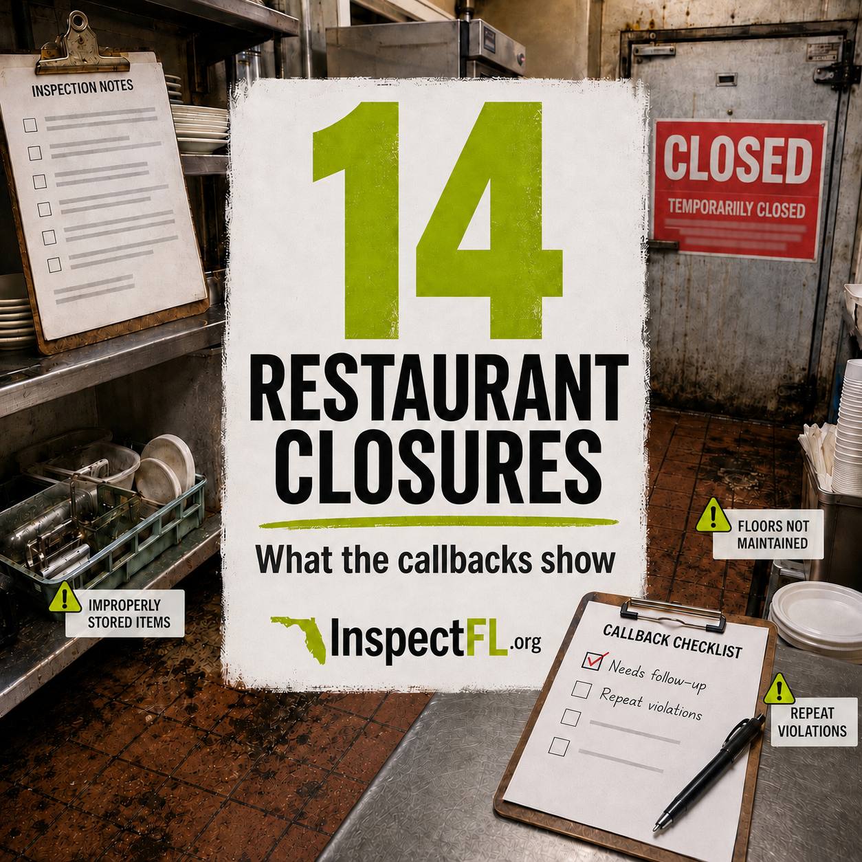 InspectFL graphic showing 14 restaurant closures, callback checklist, closure notice, and inspection-note callouts
