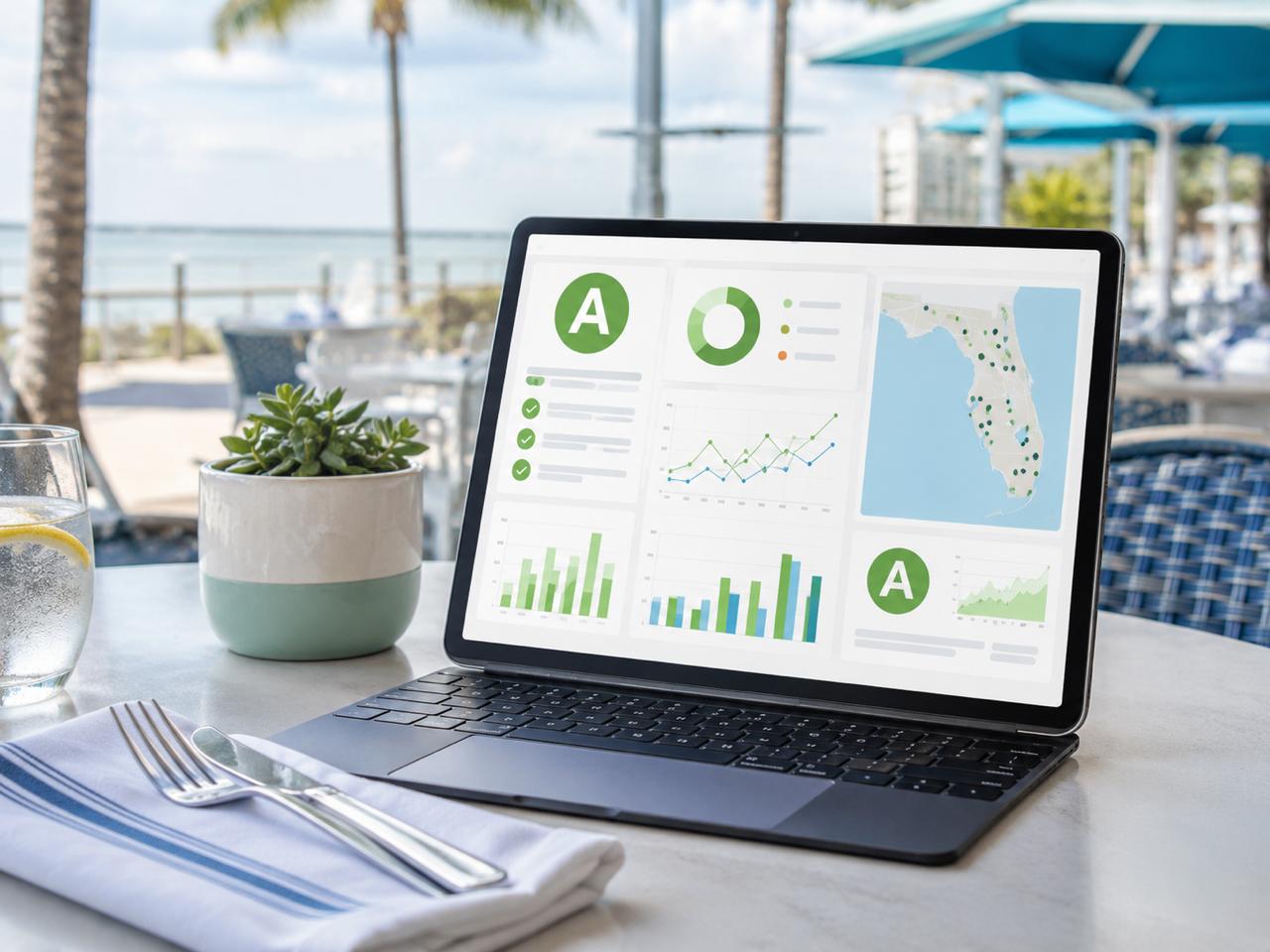 A tablet on a Florida restaurant table showing a clean inspection dashboard with A-grade signals and map-style markers.
